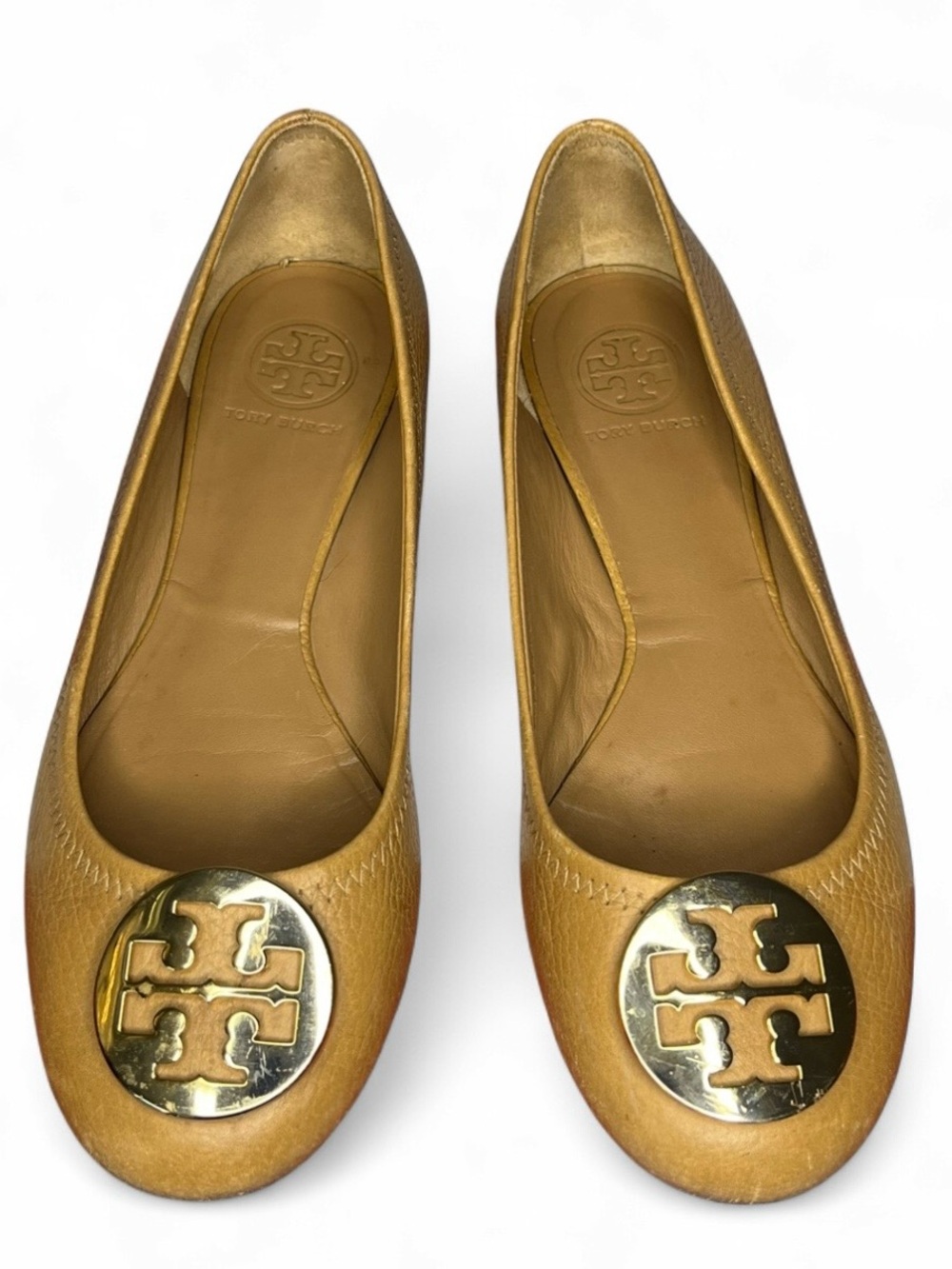 Tory Burch Womens Size 8 Tan Camel Pebbled Leather Reva Logo Front Ballet Flats